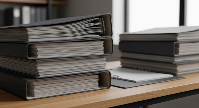 Neatly stacked office binders and documents organized on a wooden desk, awaiting processing.