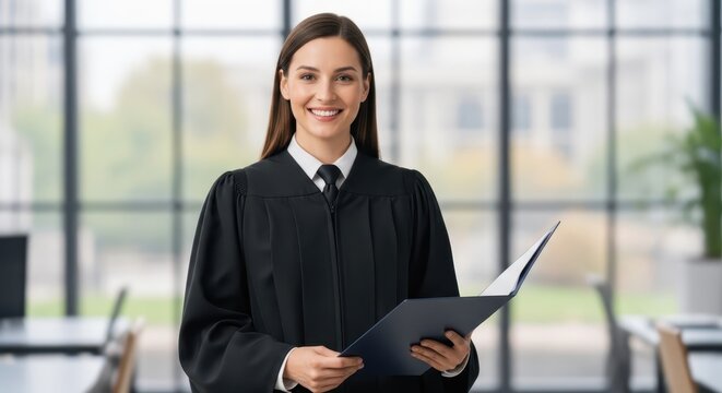Smiling Female Lawyer in Professional Attire Holding Legal Documents in an Office Setting