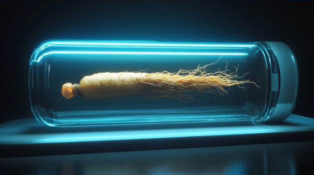Fresh ginseng root in a futuristic glowing blue laboratory capsule pod on dark background