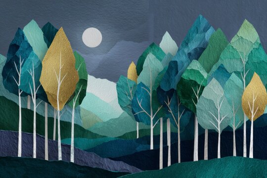 artistic representation of an enchanted forest using a torn paper art concept, tall trees under the moonlight, in shades of blue, green, and gold.