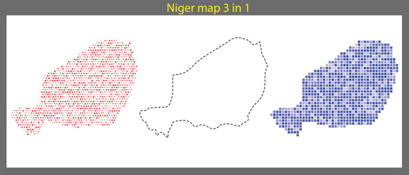 Niger map 3 in 1 colored illustration with red blue and black dotted outline