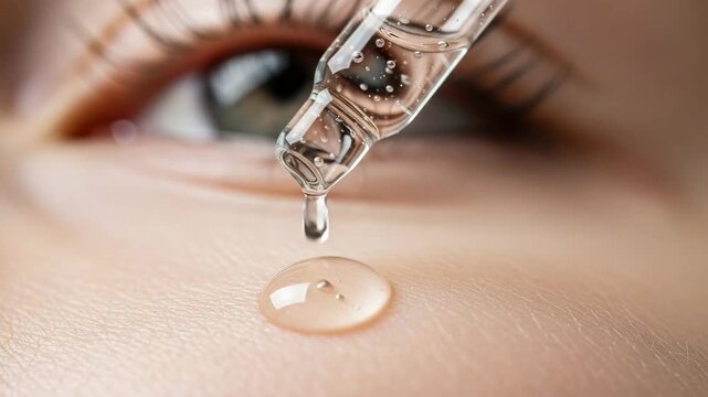 Closeup of dropper releasing skincare serum onto skin surface  under the eye