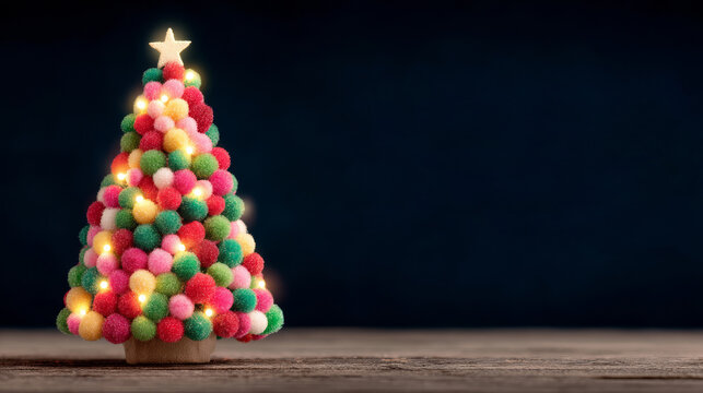 A miniature Christmas tree made of colorful pom-poms and glowing lights stands on a wooden surface against a dark, textured background with ample text space.