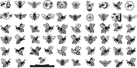 Honey bee set. Set of honey and bee labels for honey logo products. Honey bee silhouette collection vector illustration. Set of abstract modern graphic bees on white background.
