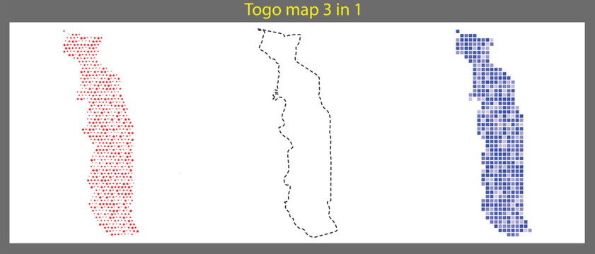 Togo map in 3 different styles, including red pixel art, black dotted outline, and blue mosaic, on a for versatile use