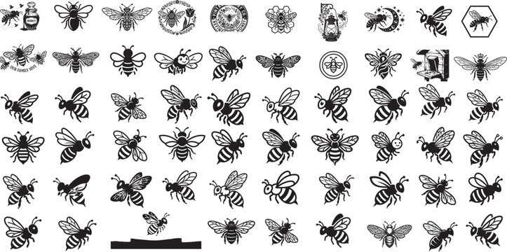 Honey bee set. Set of honey and bee labels for honey logo products. Honey bee silhouette collection vector illustration. Set of abstract modern graphic bees on white background.
