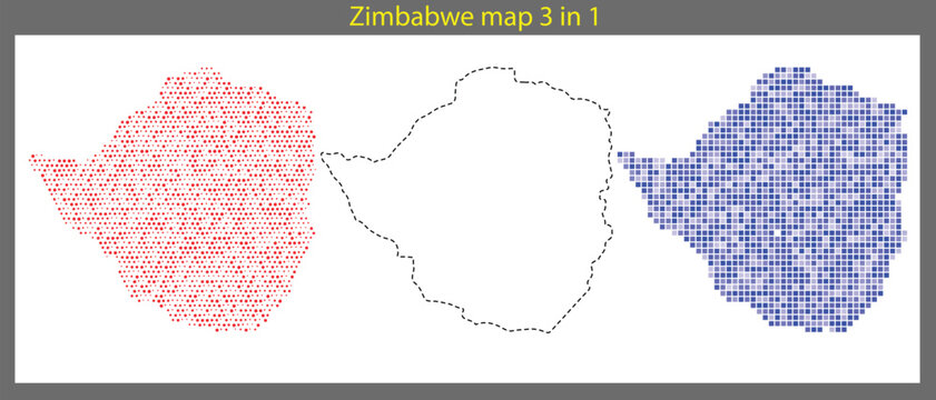 Zimbabwe map 3 in 1 colorful illustration with red blue and black outlines