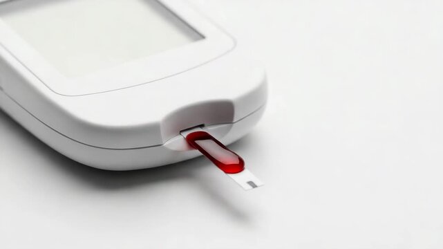 Glucometer with test strip drop of blood inserted on white background  