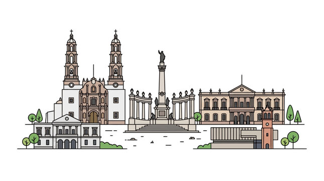 Aguascalientes Mexico City Skyline Panoramic Design Featuring Famous Landmarks in Flat Line Art Vector Style Minimalist Urban Silhouette of Mexican Municipal Architecture and Travel Destination