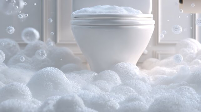 Close-up of a pristine white toilet surrounded and covered by bubbles, suggesting cleanness