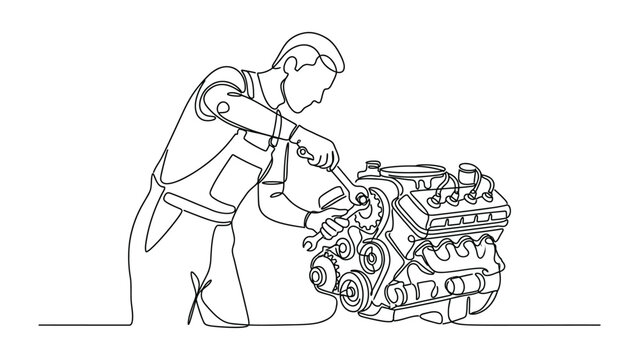 continuous line art a Mechanic repairing a car engine.