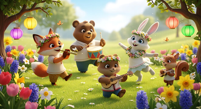 Cute cartoon forest animals playing music and dancing in a sunny flower meadow