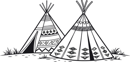 Two traditional native american tipis with geometric patterns © S M Sajib