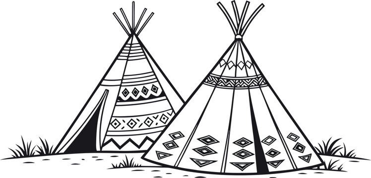 Two traditional native american tipis with geometric patterns