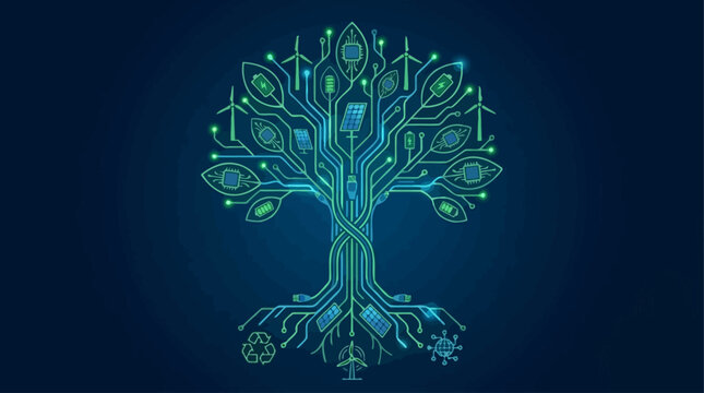 Futuristic ecological concept of a glowing green digital circuit tree growing on a dark background symbolizing sustainable technology development and environmental innovation vector illustration