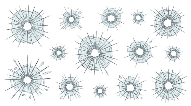 Shattered glass bullet hole impact element isolated white vector illustration with broken fragment crack for realistic crime damage texture on background