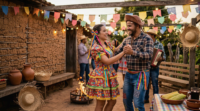 Brazilian couple dances at Festa Junina party with traditional decorations and bonfire in rustic outdoor setting celebrating Sao Joao theme