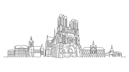 Fototapeta premium Minimalist Reims France City Skyline Vector Cathedral Continuous Line Drawing Style with Abstract Notre Dame Architecture and French Urban Landmark Illustration