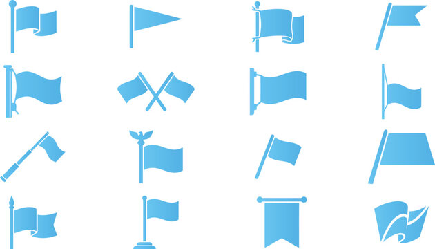 Set of blue flag icons showing various shapes styles and mounting positions on poles isolated.