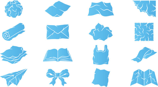 Crumpled paper texture icon set including wrinkled sheets envelopes maps and origami plane shapes.