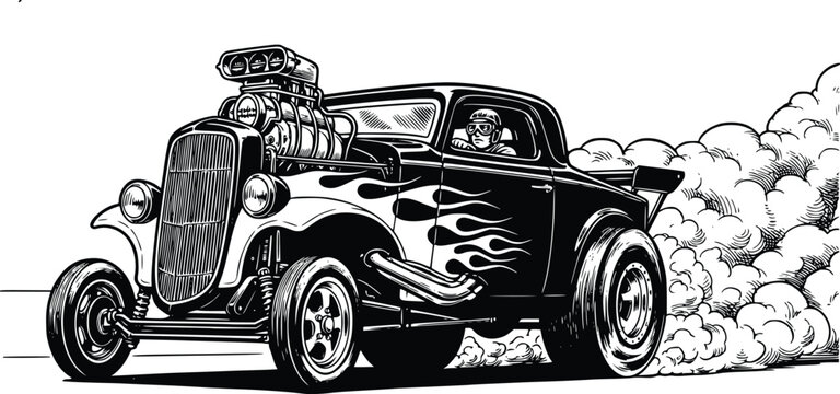 Hand Drawn Vintage Hot Rod Drag Racing Car Vector Illustration