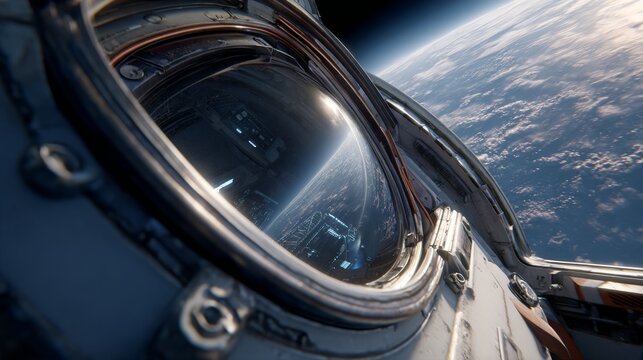 A spacecraft window frames Earth's curvature. Interior details reflected in curved glass. Bright sunlight illuminates