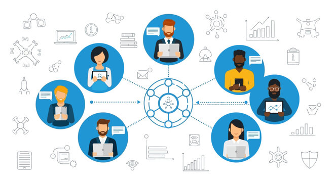 Diverse group of people connected through digital network communication