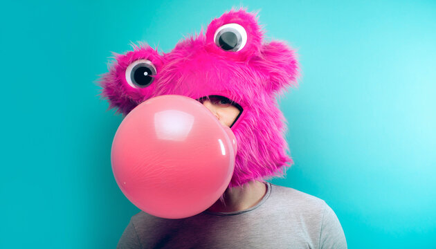 Person in a vibrant pink furry monster costume blowing a large bubble gum bubble against a turquoise background.