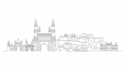 Obraz premium Minimalist black and white vector illustration of the Hyderabad city skyline featuring the iconic Charminar monument and historic Golconda Fort in a clean aesthetic linear art style.