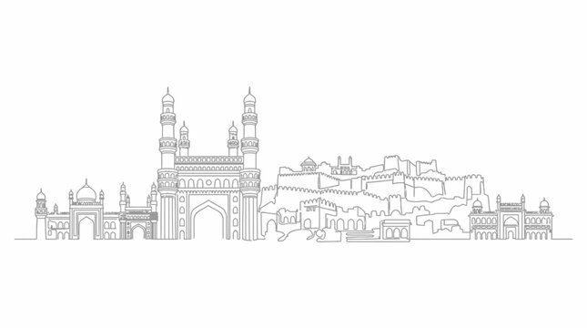 Minimalist black and white vector illustration of the Hyderabad city skyline featuring the iconic Charminar monument and historic Golconda Fort in a clean aesthetic linear art style.