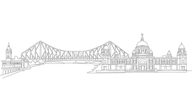 Minimalist vector line art illustration of Kolkata city skyline featuring the iconic cantilever Howrah Bridge and historic marble Victoria Memorial architectural landmarks in India.
