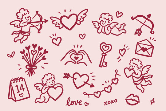 Valentines Day Cupid Hearts Set Red Doodle Sketch Vector