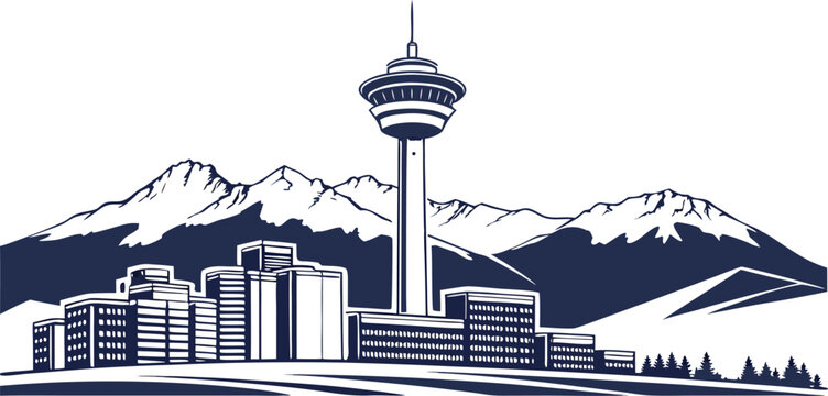 Calgary city skyline with tower and rocky mountains illustration