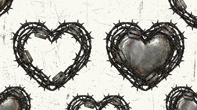 Stylized heart icons wrapped in sharp metallic barbed wire and dangerous razor blades, conceptual vector illustration depicting heartbreak, toxic relationships, pain, and emotional protection.