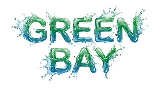 Vibrant typography for Green Bay featuring dynamic liquid water splash effects, fluid droplets, and refreshing wave spray on a clean background, artistic vector lettering illustration.