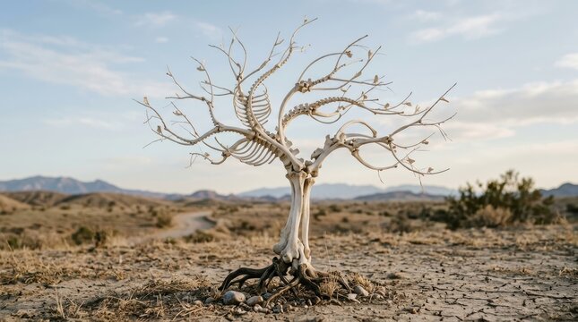 Surreal bone tree sculpture in desert landscape, skeletal white branches against blue sky, macabre nature art installation in arid wilderness