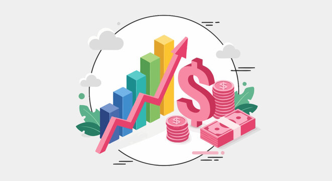 Financial growth chart with dollar symbol and currency elements