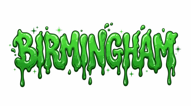 Artistic urban Birmingham city name rendered in vibrant green liquid toxic slime lettering style with dripping gooey textures and creative graffiti element on isolated dark background.