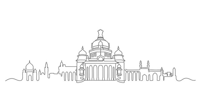 Minimalist Bengaluru city skyline illustration featuring Vidhana Soudha landmark in continuous line art style, Karnataka state assembly building vector silhouette, Indian urban architectural sketch