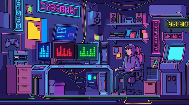 Cyberpunk gamer room vector illustration, neon pixel art gaming setup with arcade machine, futuristic cybernet workspace with multiple monitors
