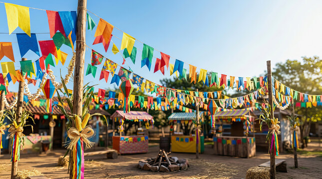 Colorful flags hang above a rustic outdoor festival scene with food stalls and a central fire pit under a clear blue sky.