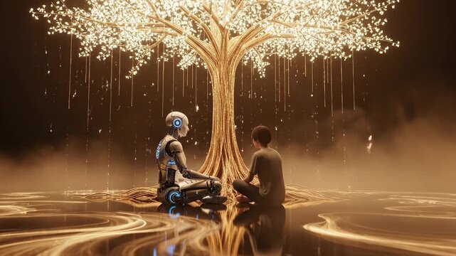 Robot and human under lit tree