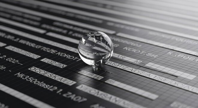 Clear Glass Sphere Resting on a Textured Surface with Reflective Data Lines