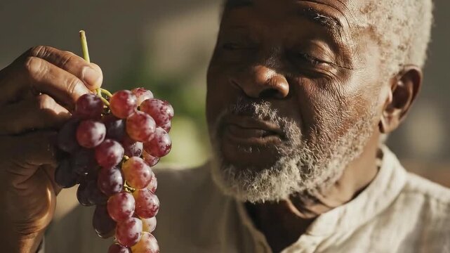 Elderly man enjoys fresh cluster of grapes while sitting at home during a sunny afternoon in his cozy living space