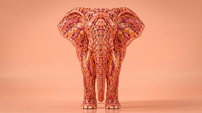 Front View 3D Render of Elephant Statue with Intricate Mesh Pattern and Visible Anatomy Layers