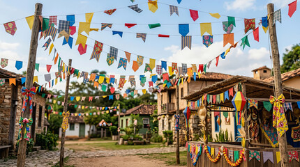 Fototapeta premium Colorful triangular flags hang between rustic wooden posts in a festive Brazilian village street decorated for a traditional June festival celebration.