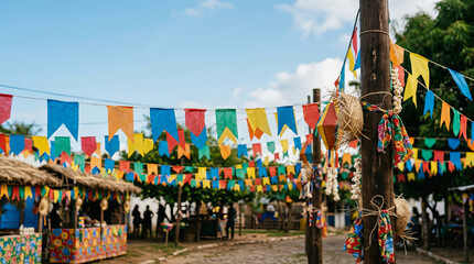 Obraz premium Colorful triangular flags hang overhead at a Brazilian Festa Junina celebration under a bright blue sky with rustic huts and people gathered below.