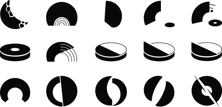 Collection of abstract geometric circle silhouettes featuring pie chart segments curved arcs and crescent black shapes isolated on white background set