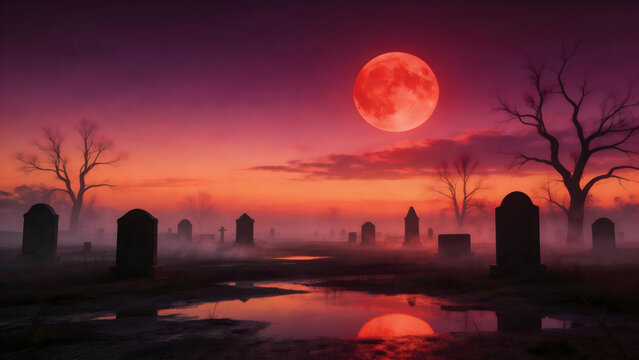 Graveyard at dusk with red moon