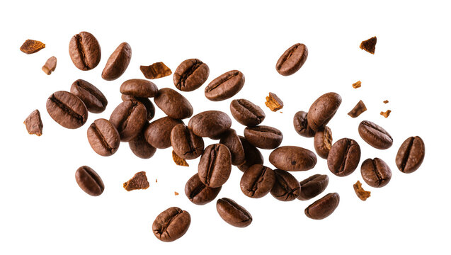 Isolated falling roasted coffee beans with small pieces, vibrant brown color and texture